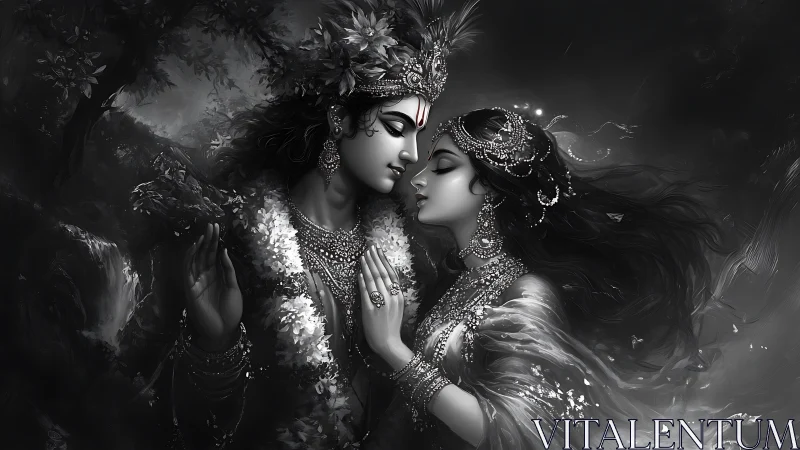 Divine Romance: Krishna and Radha in Ethereal Devotion.