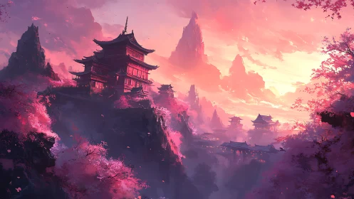 Blossom-soaked mountain temples under a watercolor sunrise.