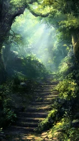 Ancient Forest Path Where Sunlight Dances Through Emerald Canopies.
