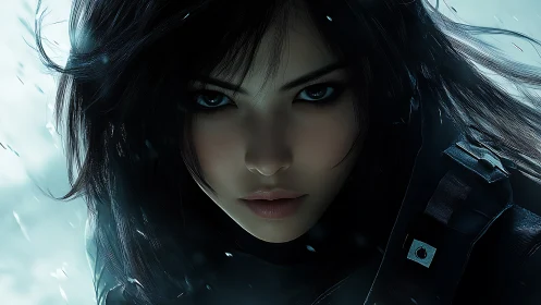 Close frontal portrait of dark haired woman in snowstorm.