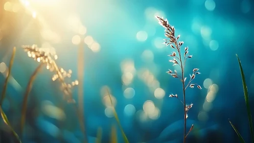 Single grass stem in sharp focus against blue bokeh background