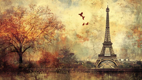 Autumn tree and Eiffel Tower in textured Paris scene.
