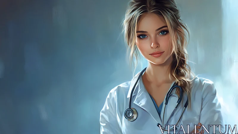 Confident female doctor in cool-toned digital portrait lighting.