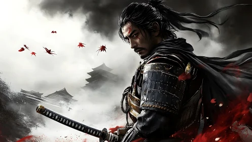Samurai warrior in stormlit armor amid crimson leaves.