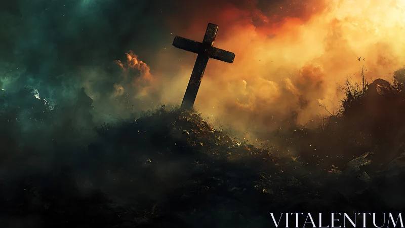 Lone weathered cross rises through burning twilight clouds.