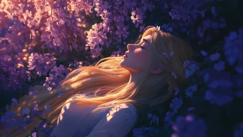 Luminous blonde maiden resting in dusk-lit violet blossoms