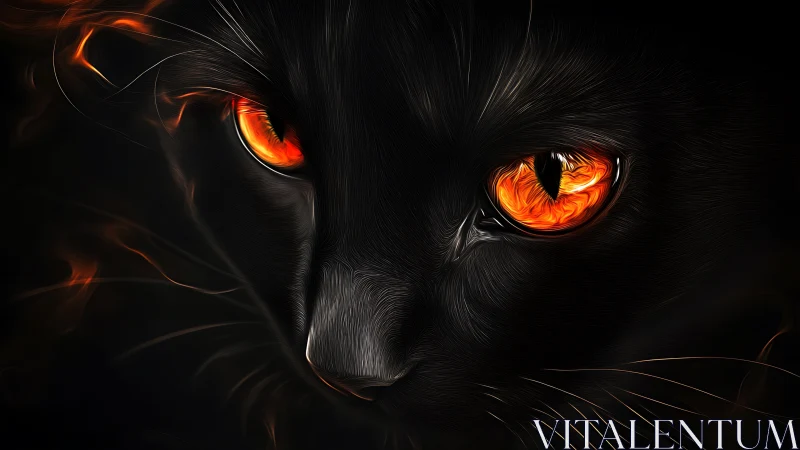 Fiery eyed black cat portrait in dark digital glow.