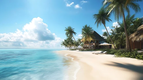 Tropical beach resort with overwater bungalows and palm trees