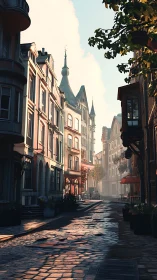 Quiet cobblestone lane basking in soft morning sunlight.