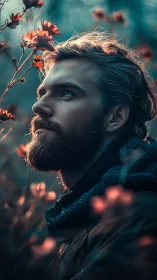 Bearded man gazes upward beside glowing orange wildflowers