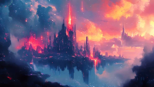 Neon citadel adrift in mirrored dusk and ember clouds.