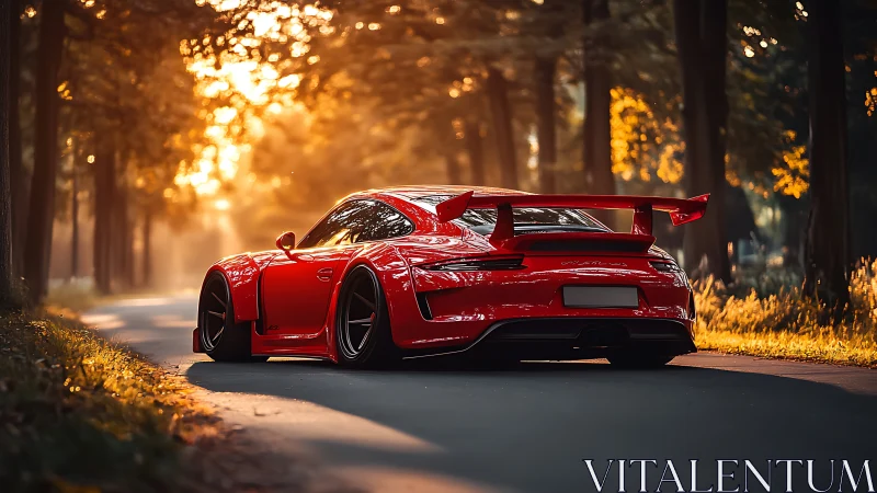 Aerodynamic red track coupe under volumetric forest sunset glow.