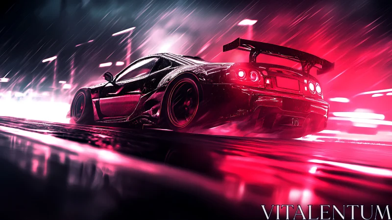 Sleek sports car drifts through neon soaked night rain