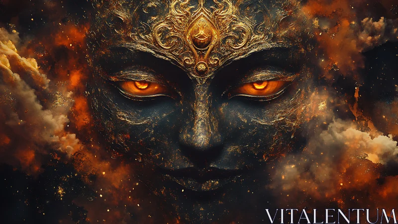 Cosmic deity visage emerges from nebular storm in fiery chiaroscuro