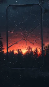Broken smartphone screen overlays dark forest sunset sky