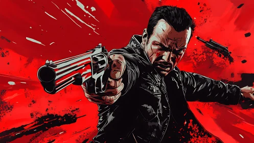 Gritty gunman in dynamic red action comic illustration.