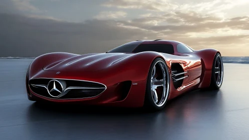 Red Mercedes concept sports car on reflective surface at dusk.