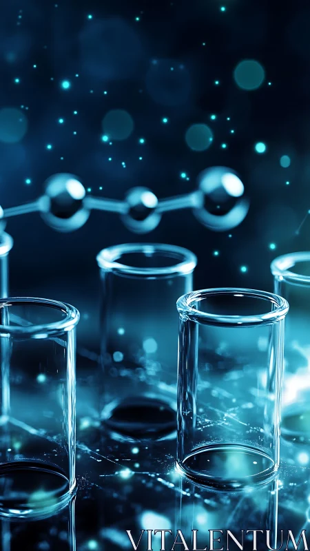 Glowing test tubes shimmer under molecular blue light in lab