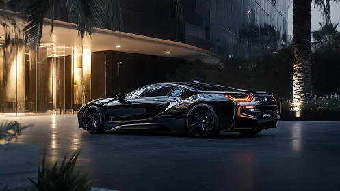 Midnight coupe lounges under glass towers and palm glow