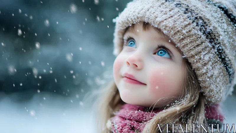 Child in winter attire gazes upward during snowfall