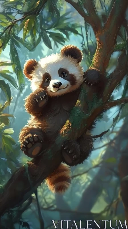 Tree-hugging panda cub adrift in a sunlit forest dreamscape.