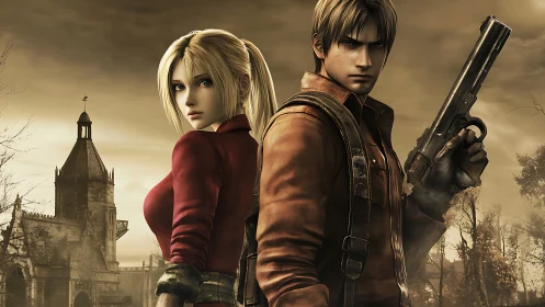 Armed anime duo stand back to back in sepia survival scene