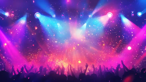 Neon stardust rave crowd under exploding festival lights.