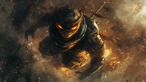 Flaming ninja warrior descending through ember‑lit smoke.