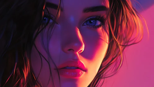 Close portrait of woman in neon pink and purple lighting.