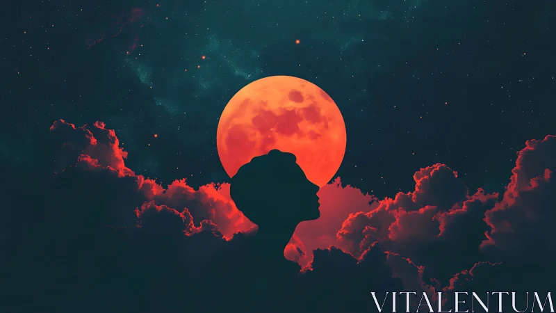 Lunar backlit silhouette amid chromatic nebular cloudfield.