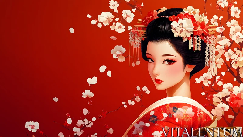 Geisha portrait amid drifting plum blossoms on crimson field.
