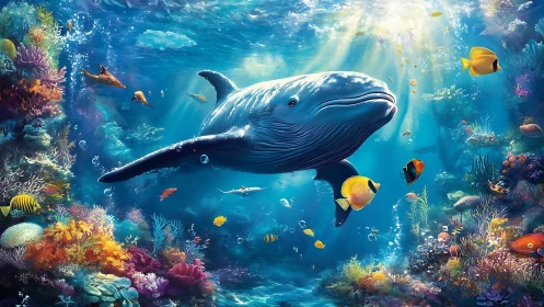 Digital illustration of whale amid coral reef and fish life.