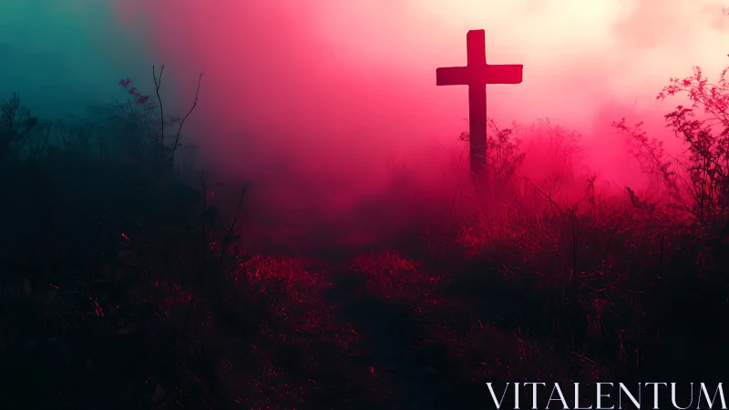 Wooden cross in foggy field with red and teal lighting.