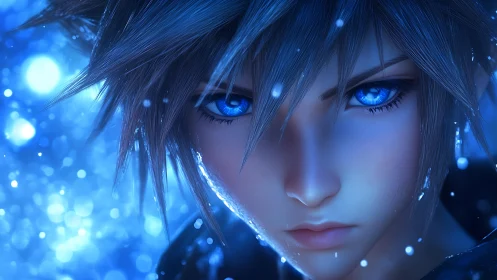 Blue eyed anime hero stares ahead in shimmering frost light