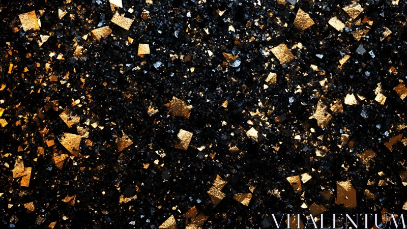 Black background with scattered metallic gold fragments.