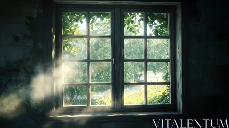 Sunlit rustic window framing soft garden greenery.