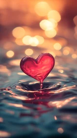 Red glass heart splashing in luminous bokeh water
