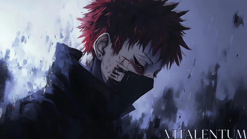 Scarred red-haired masked figure in desaturated anime gloom.