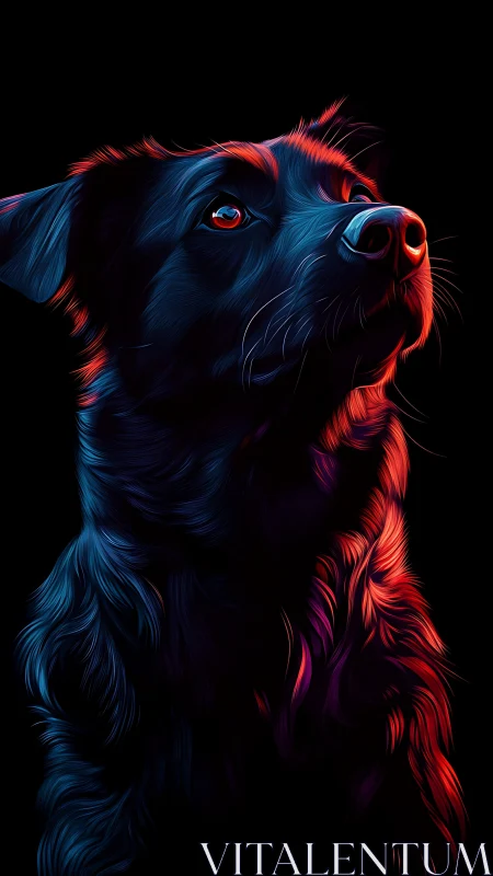Neon side-lit dog portrait in vivid blue and red light.