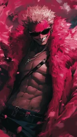 Scarlet-coated antihero with grin and sculpted abs.