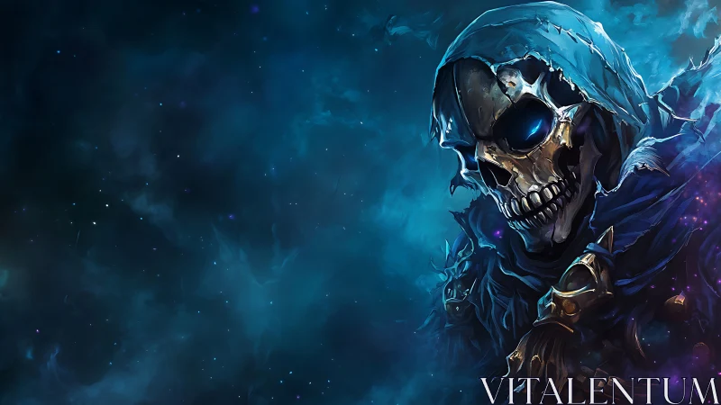 Hooded cosmic reaper smiles within swirling nebula void