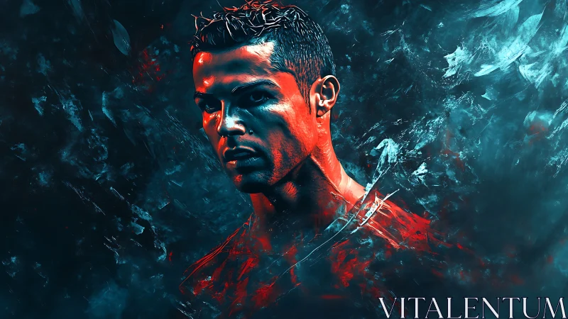 Intense football portrait in neon red and cyan stormscape.