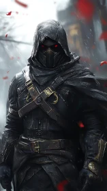 Hooded masked assassin in dark armor with glowing red eyes.