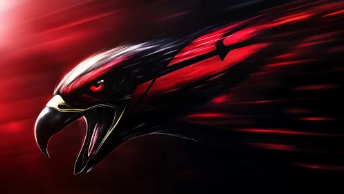 Stylized red and black eagle head in motion profile view.