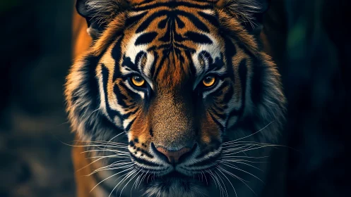 Tiger faces forward with sharp focus and intense gaze