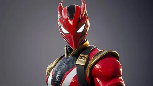 3D armored hero portrait with angular red combat helmet.