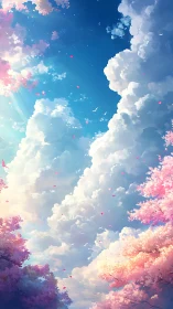 Vertical sky study depicts cumulus clouds above flowering trees