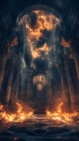 Inferno Cathedral: Classical Architecture Engulfed in Flames.