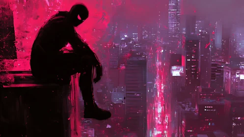 Vigilante silhouette over neon magenta dystopian skyline.