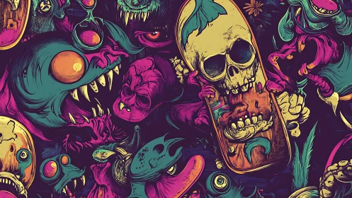 Neon nightmare parade of skateboarding skulls and grinning beasts.